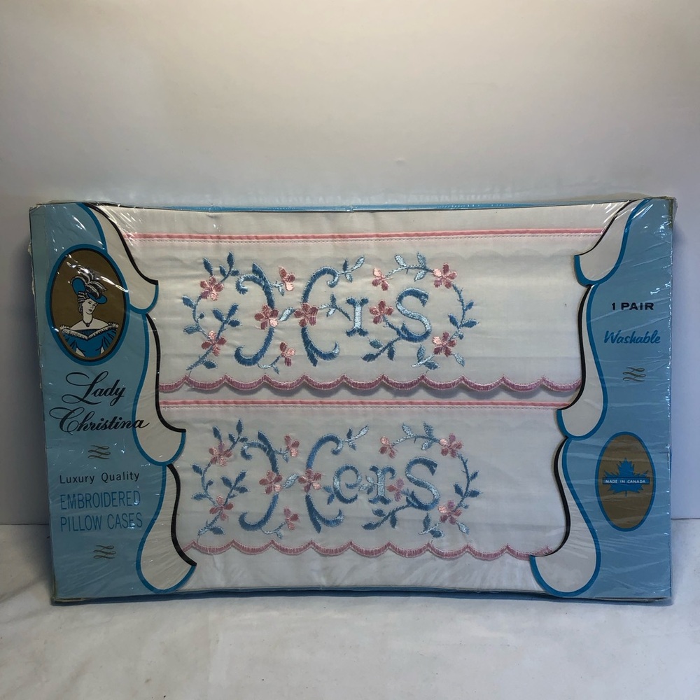 Vintage Lady Christina Pink Embroidered Pillow Cases His Hers New Old Stock